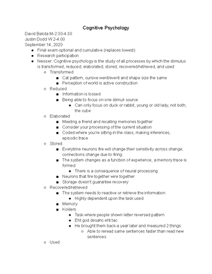 Cog Psych Unit 3 - Lecture notes Unit 4 - Cog Psych Unit 3 Amnesia ...
