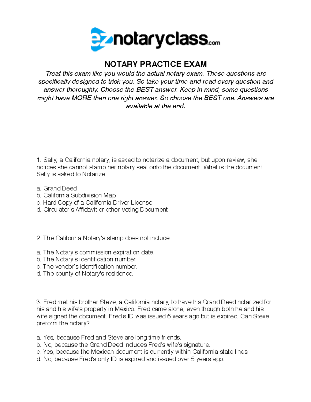 PracticeExamMay2023 NOTARY PRACTICE EXAM Treat this exam like you