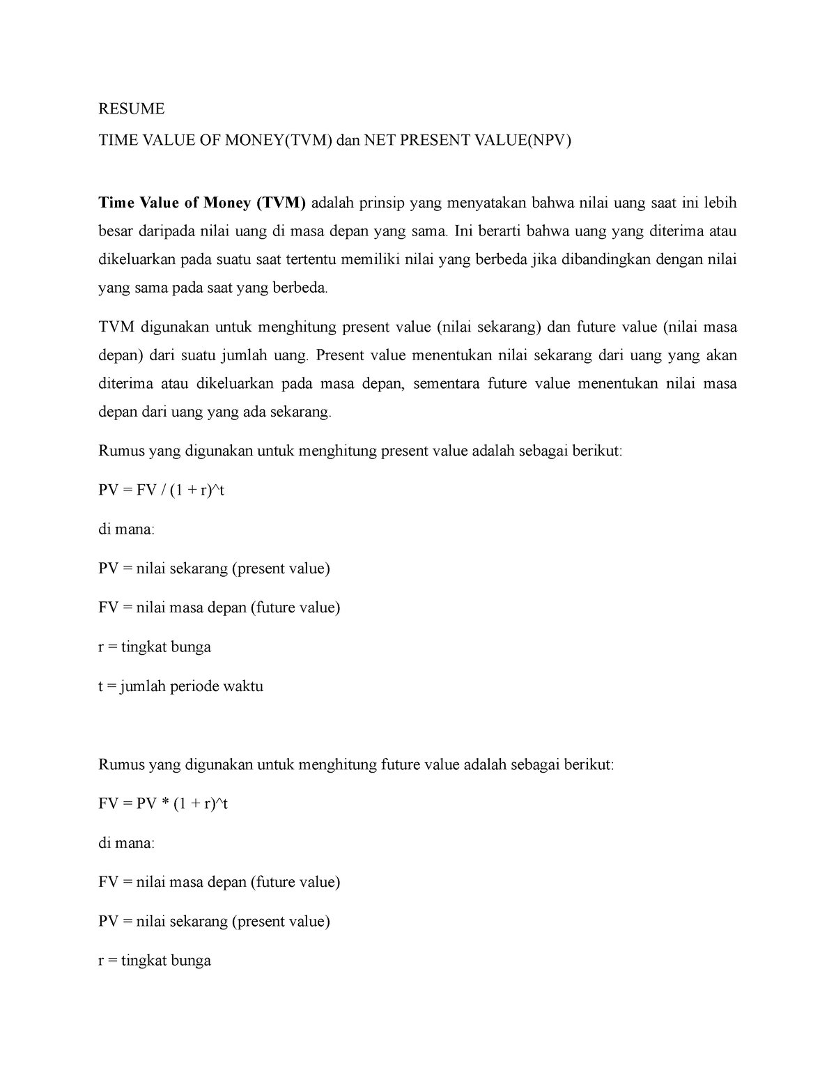 Manajemen Keuangan - Resume TIME Value OF Money(TVM) Dan NET Present ...