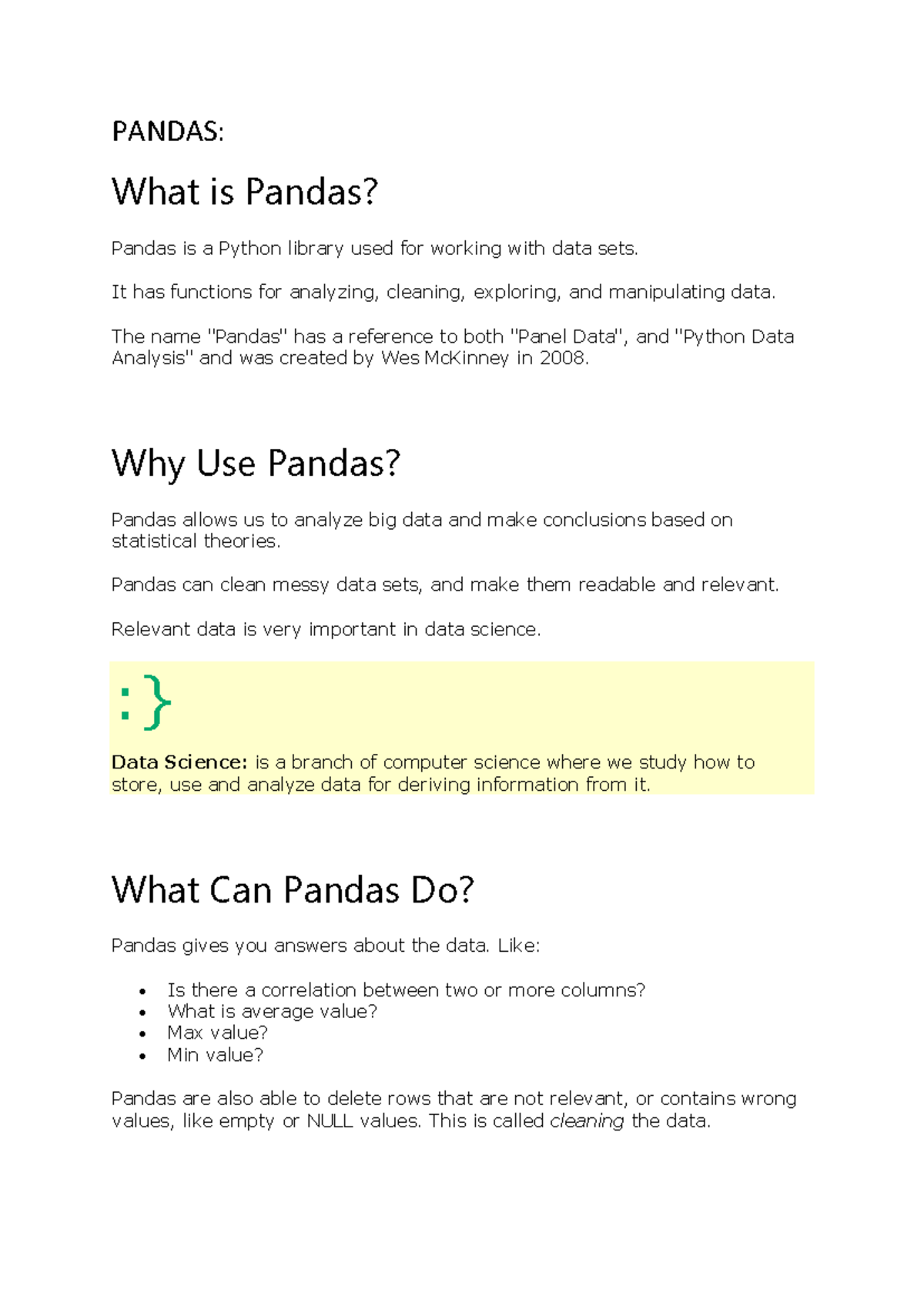 Pandas - PANDAS: What is Pandas? Pandas is a Python library used for ...