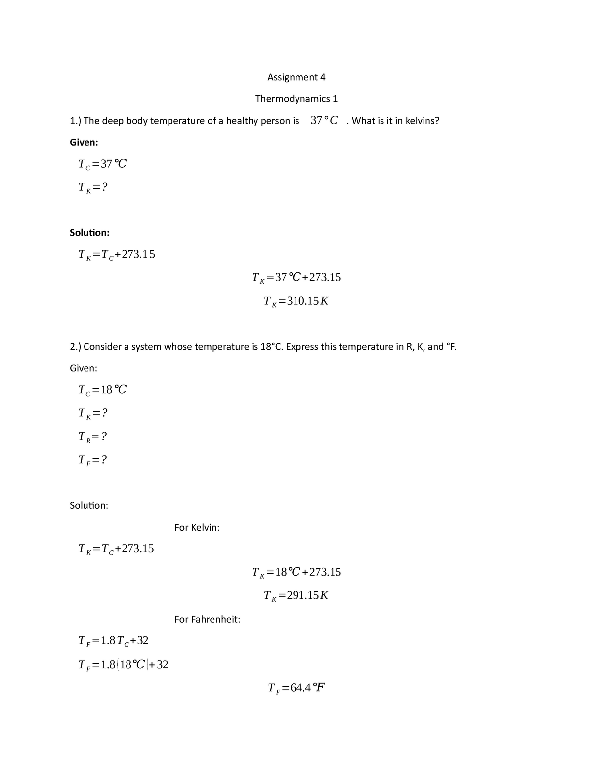 assignment on thermodynamics