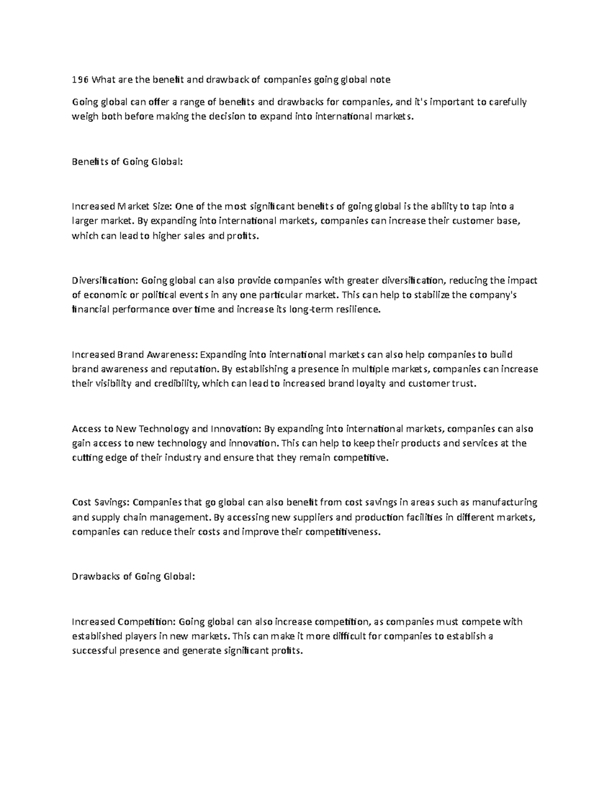 196 What are the benefit and drawback of companies going global note ...