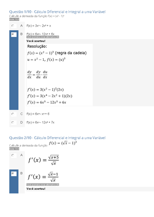 Questoes Cálculo Diferencial - Questão 1/10 - Cálculo Diferencial E ...