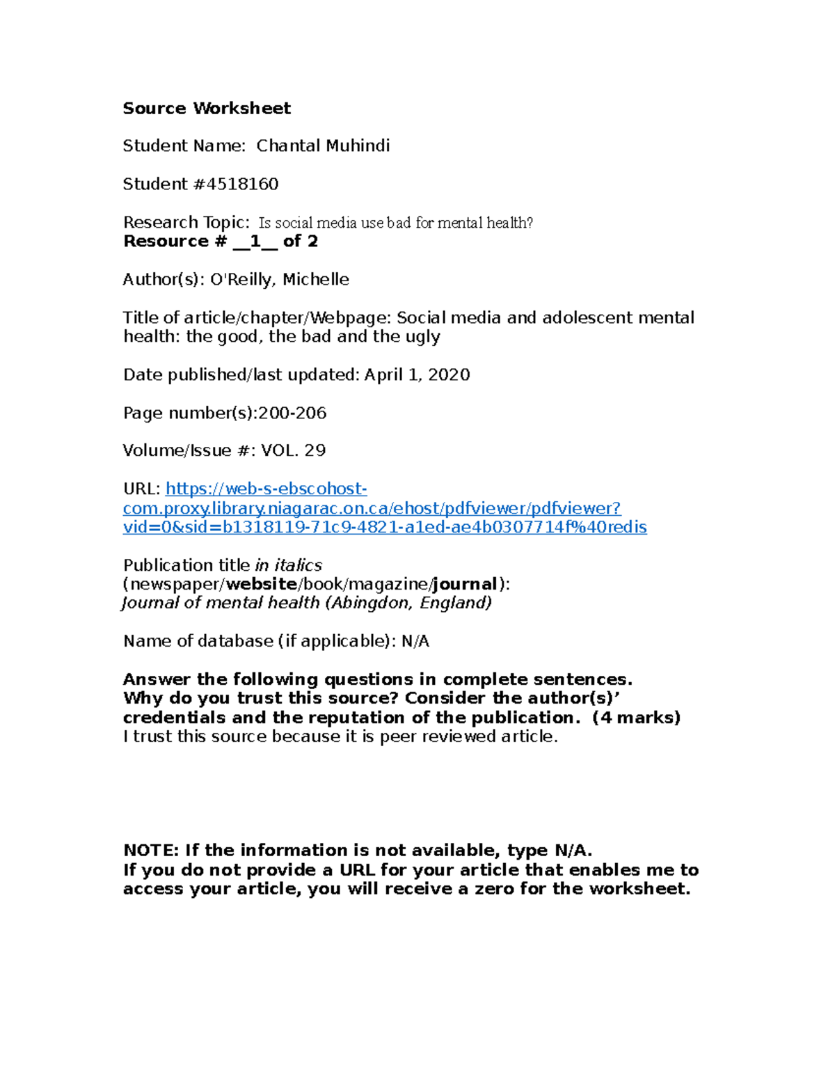Research Source Worksheet - Source Worksheet Student Name: Chantal ...