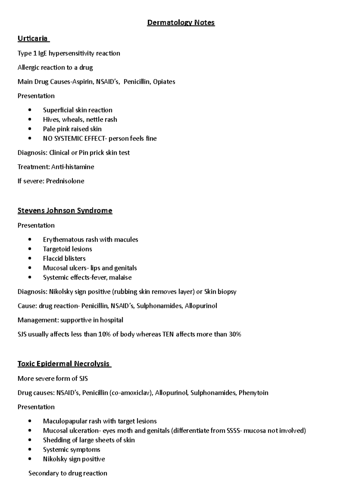 ENT summary notes - Dermatology Notes Urticaria Type 1 IgE ...