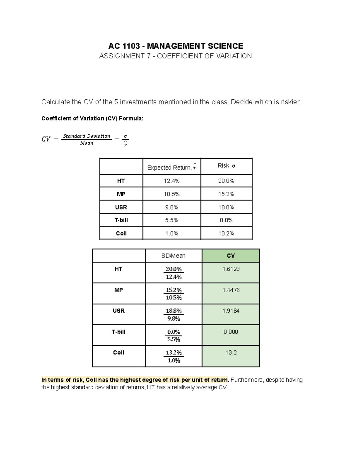 Coefficient of variation - AC 1103 - MANAGEMENT SCIENCE ASSIGNMENT 7 ...