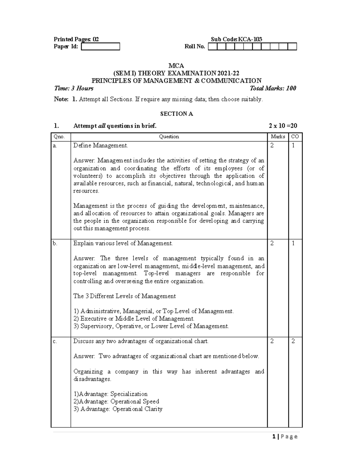 Management Paper Solution - Printed Pages: 02 Sub Code:kca- Paper Id 