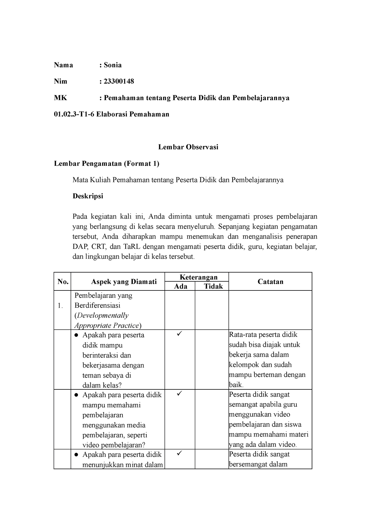 Sonia Topik Elaborasi Pemahaman Peserta Didik Nama Sonia Nim