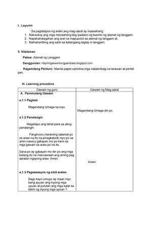 Lesson- Exemplar- Sample - I A. Content Standard Naisasagawa ang ...