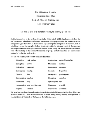 Biol 305 Lab 1 Overview 2023 - Biol 305 Animal Diversity Lab 1 Overview ...