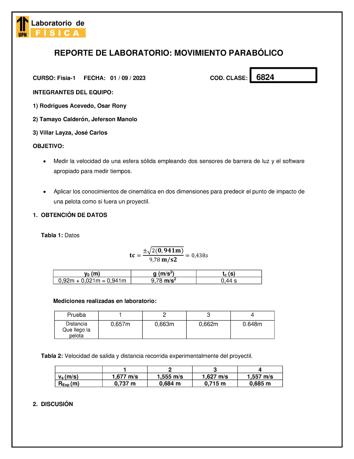 Reporte Lab Fisi1 S03 Mp Reporte De Laboratorio Movimiento