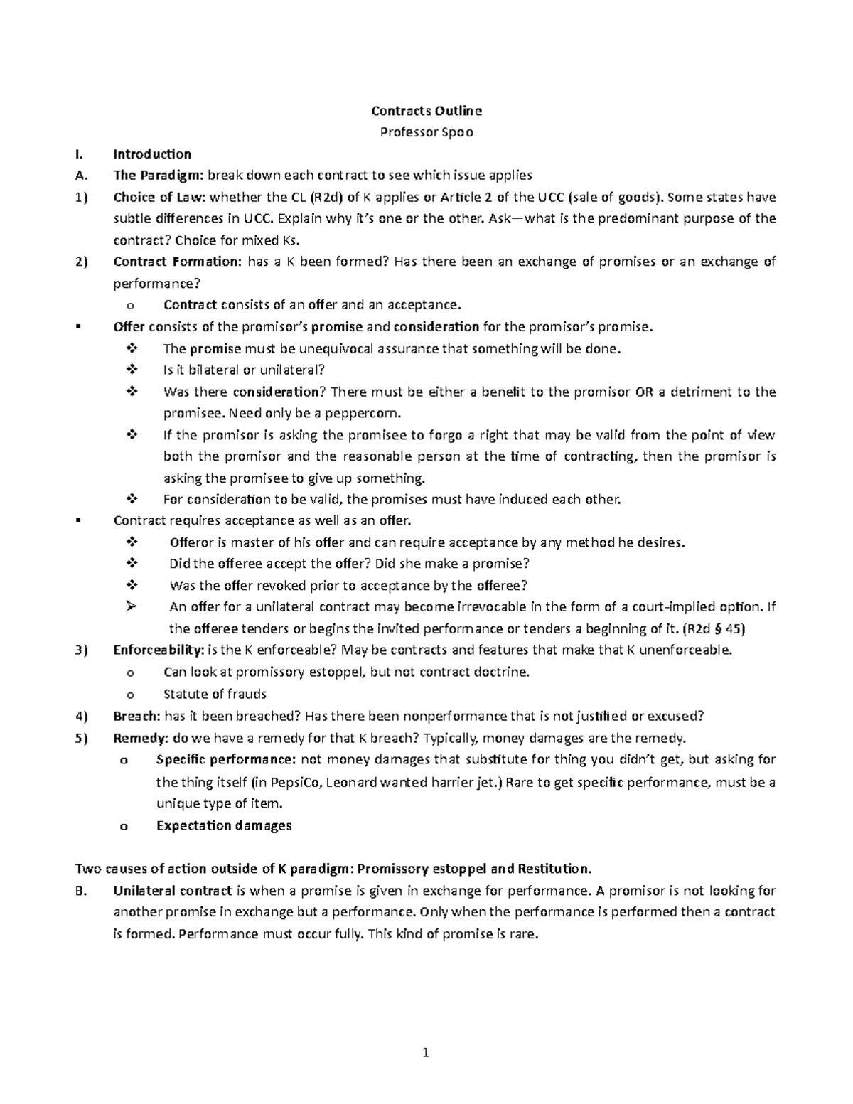 Contracts Outline - Contracts Outline Professor Spoo I. Introduction A ...