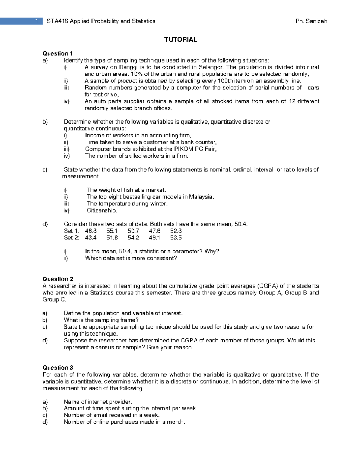 Sta416 Tutorial 1 1 Sta416 Applied Probability And Statistics Pn Sta416 Tutorial 1 1 Sta416 Applied Probability And Statistics Pn