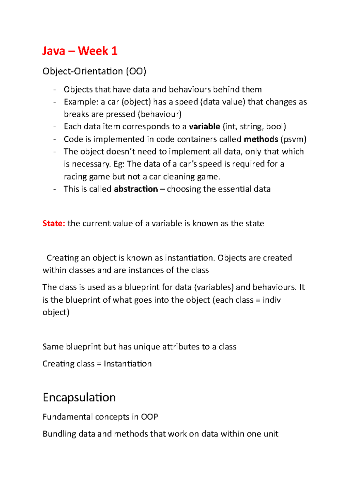 Java Notes Week 1 - OOP and JRE JVM - Java – Week 1 Object-Orientation ...
