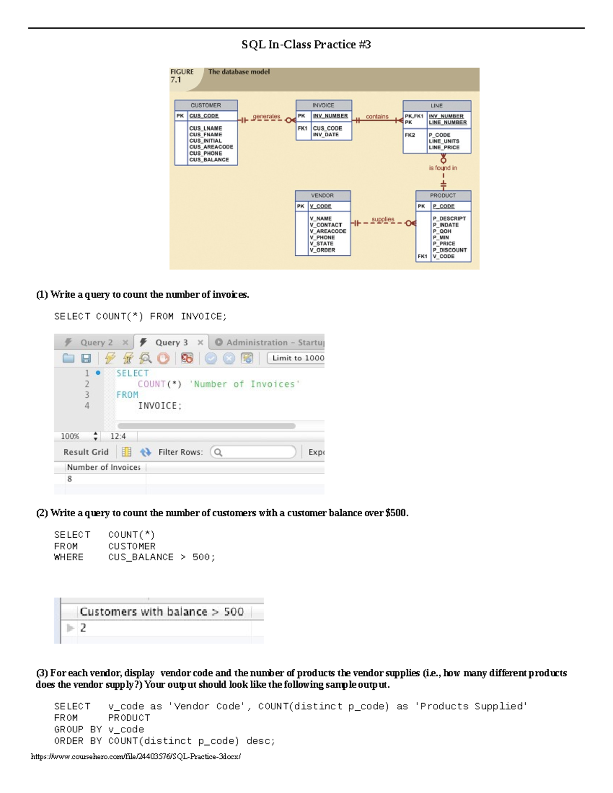 Docx - SQL In-Class Practice (1) Write a query to count the number of ...