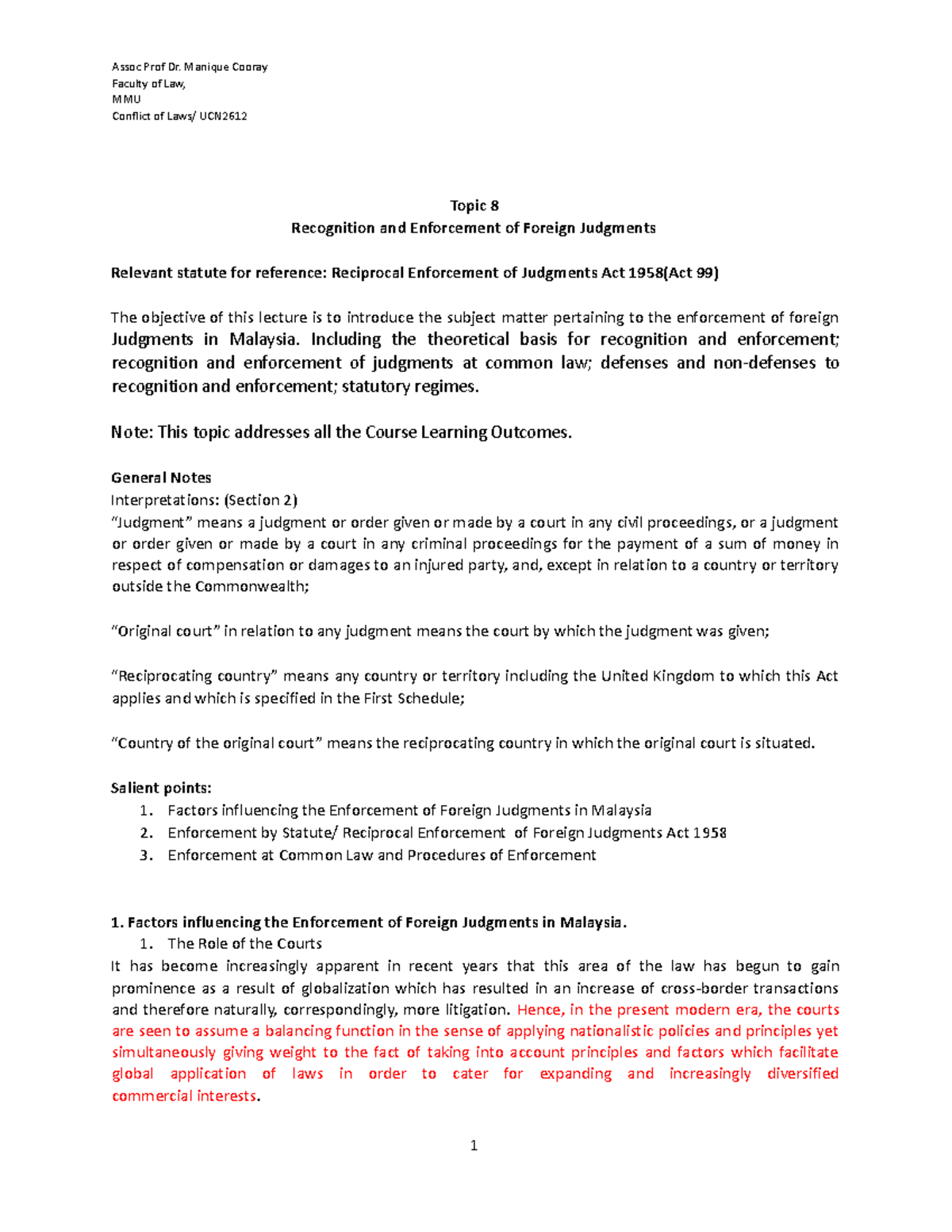 Lecture Notes Chapter 8 Faculty of Law, MMU Conflict of Laws/ UCN