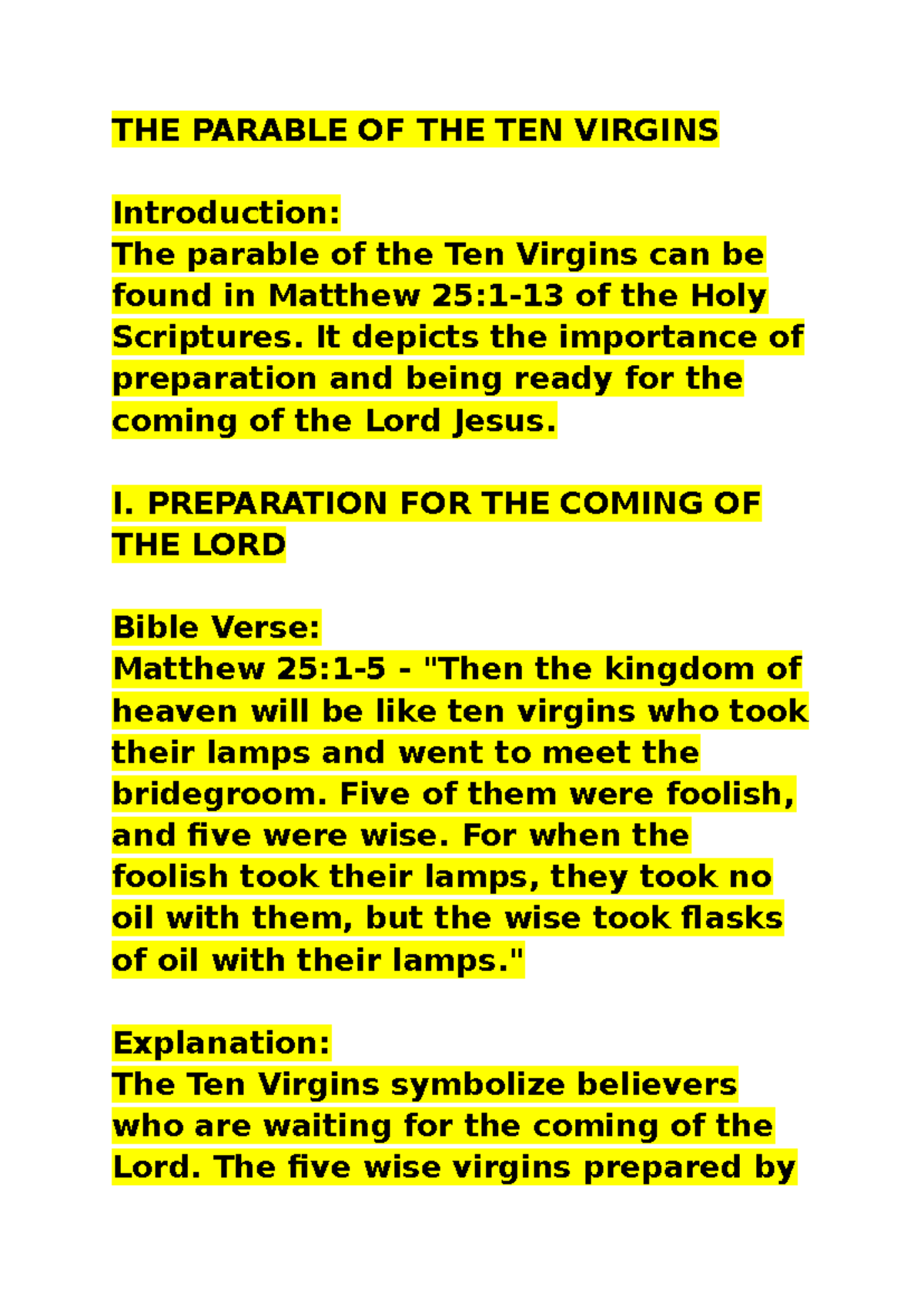 The Parable of the Ten Virgins - THE PARABLE OF THE TEN VIRGINS ...