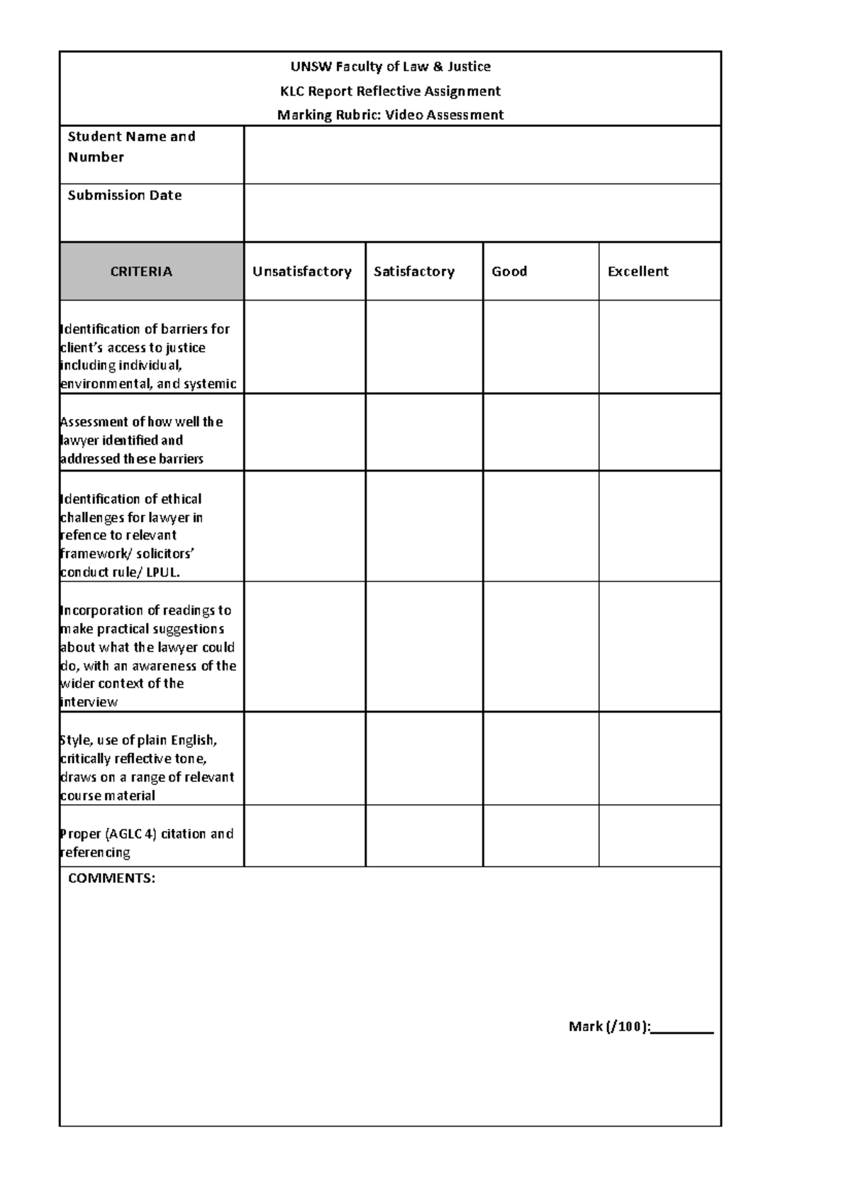 T3 KLC Assessment Rubric - Video Assessment - UNSW Faculty of Law ...