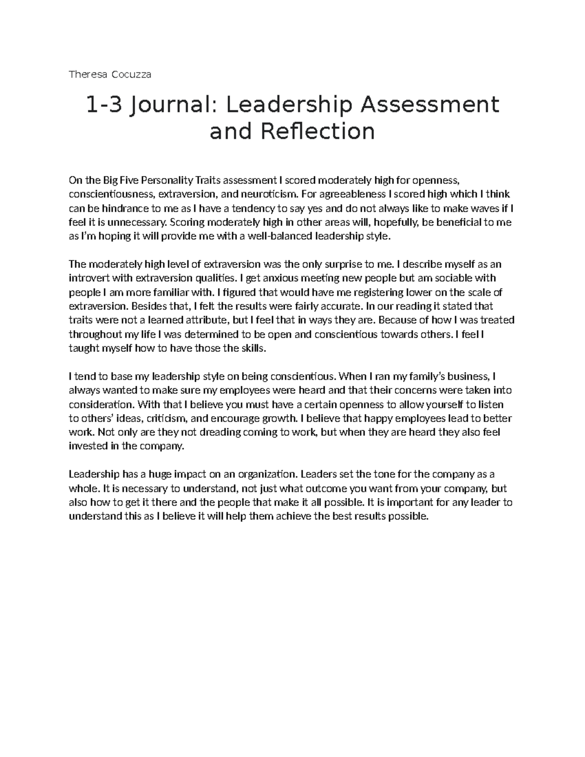 1 3 journal leadership assessment and reflection assignment