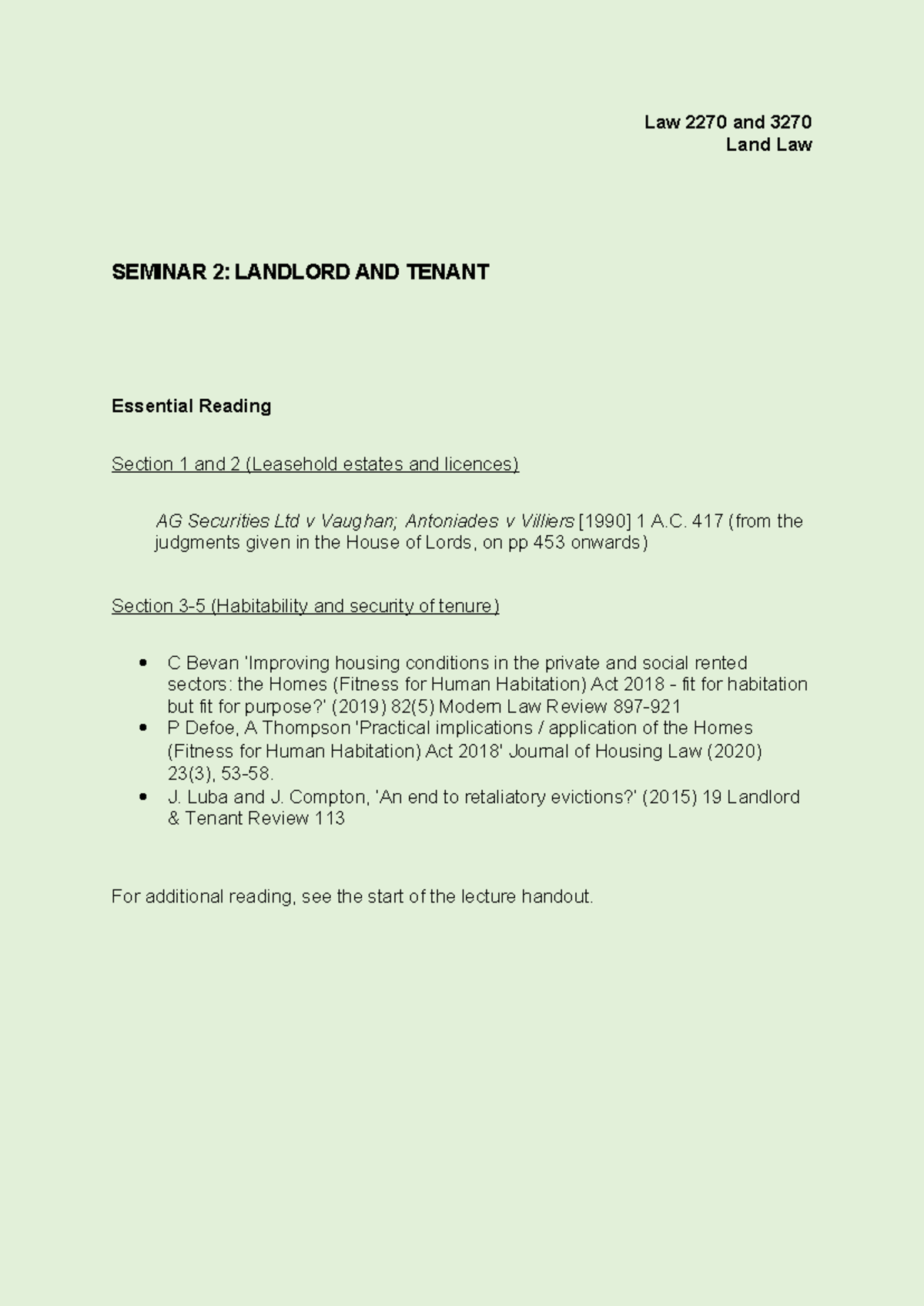 Land 2 (Landlord and Tenant) - Seminar (2024) - Law 2270 and 3270 Land ...