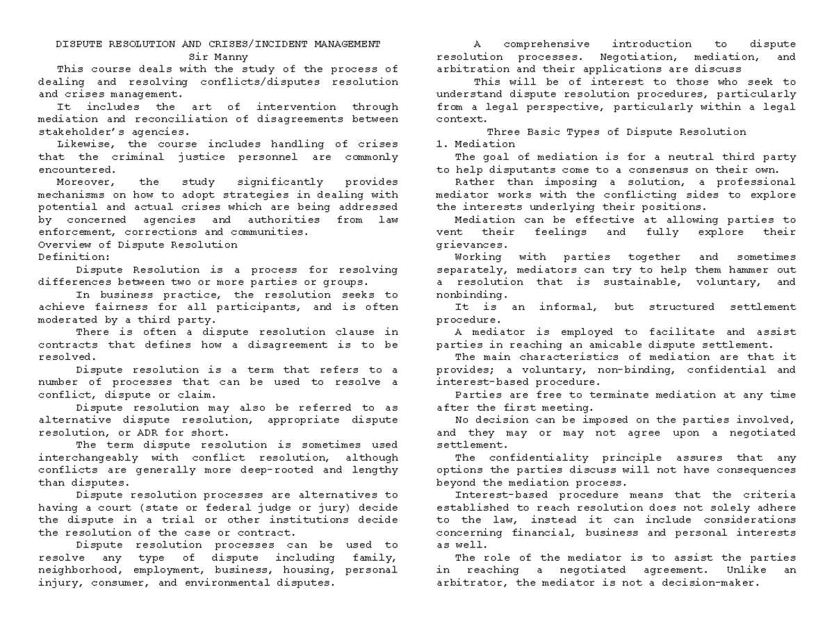 Dispute Resolution notes for prelim - DISPUTE RESOLUTION AND CRISES ...