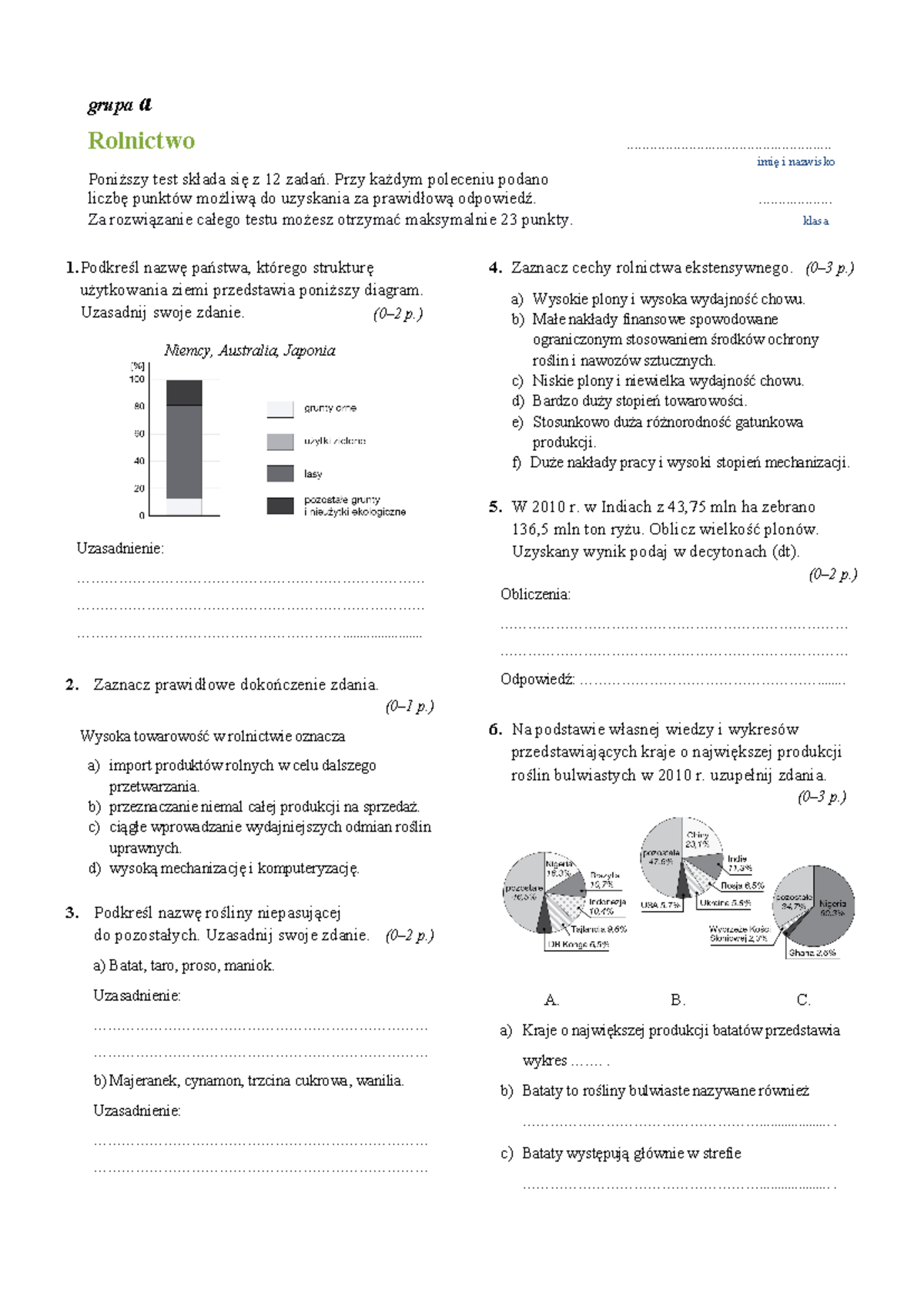 2 ABC Geografia powtórzenie rolnictwo test 2 - grupa a Rolnictwo - Studocu