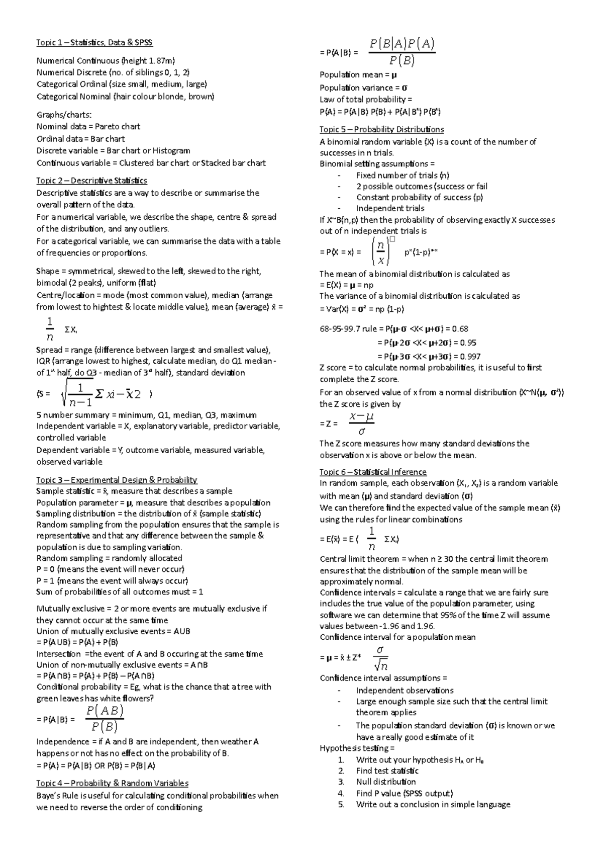 STAT1070 cheat sheet - Topic 1 – Statistics, Data & SPSS Numerical ...