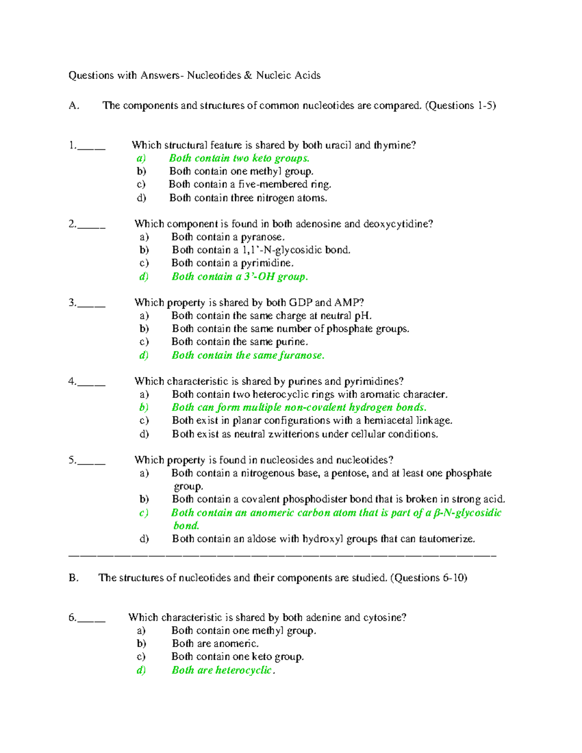 Answers nucleotides nucleic acids - Questions with Answers- Nucleotides ...