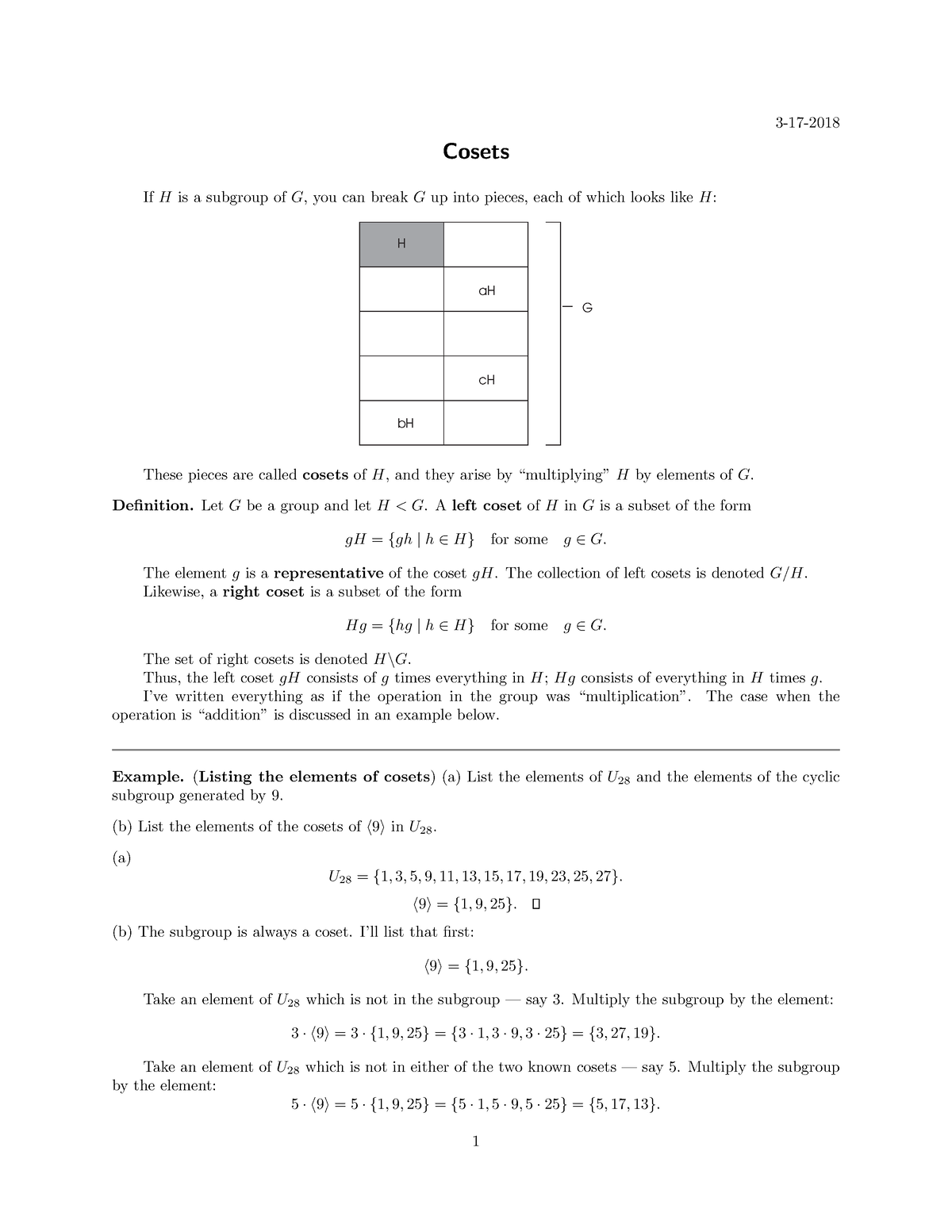 Cosets - Abstract Algebra - 3-17- Cosets If H Is A Subgroup Of G, You ...