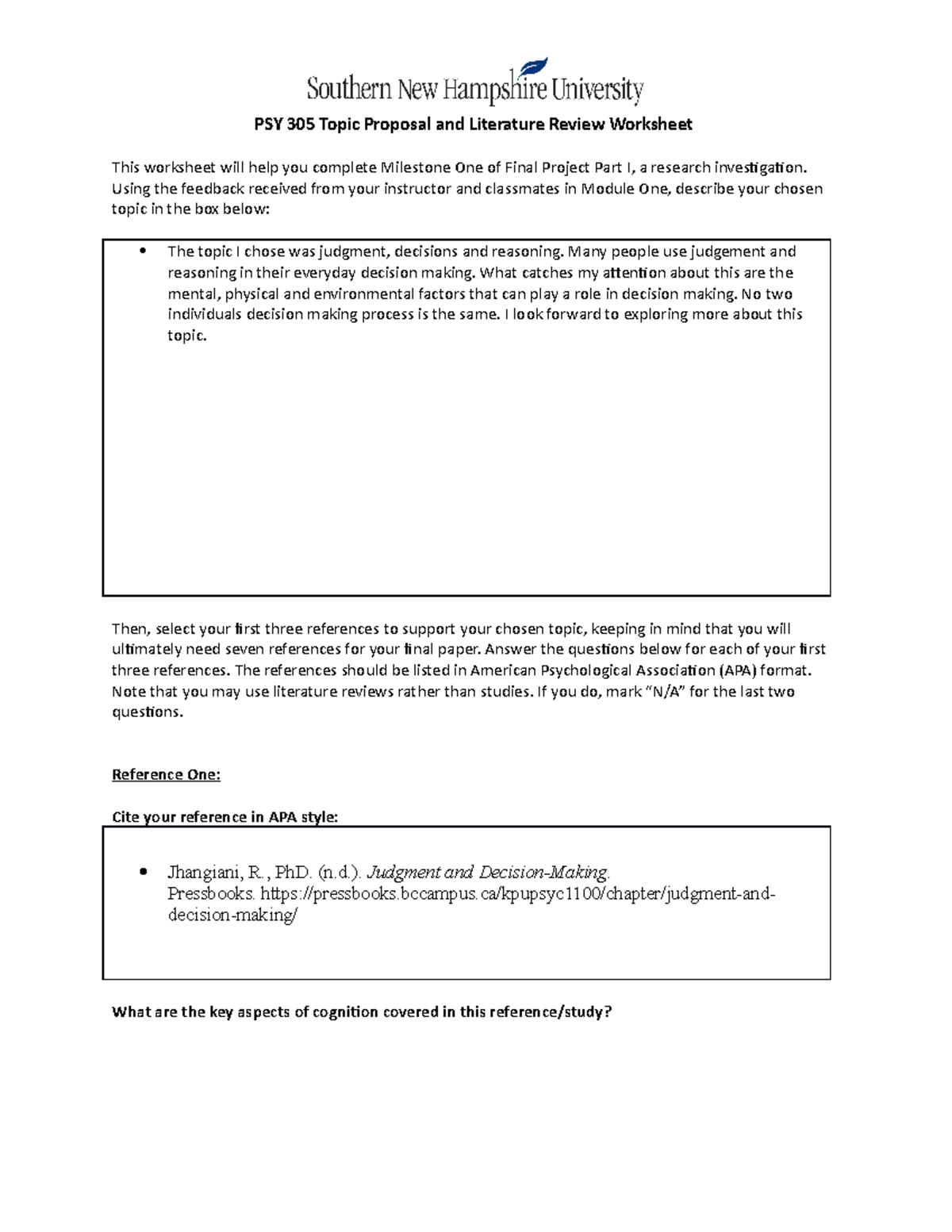 psy 305 topic proposal and literature review worksheet