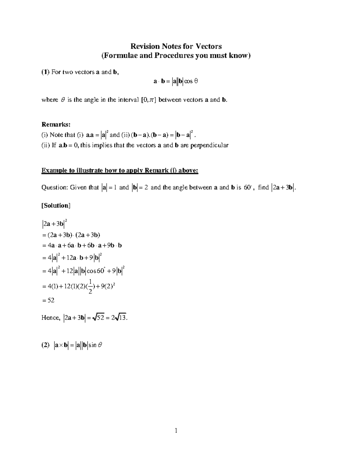 Vectors-Summary - 33130 Mathematics 1 - Summer 2023Modules - Revision ...