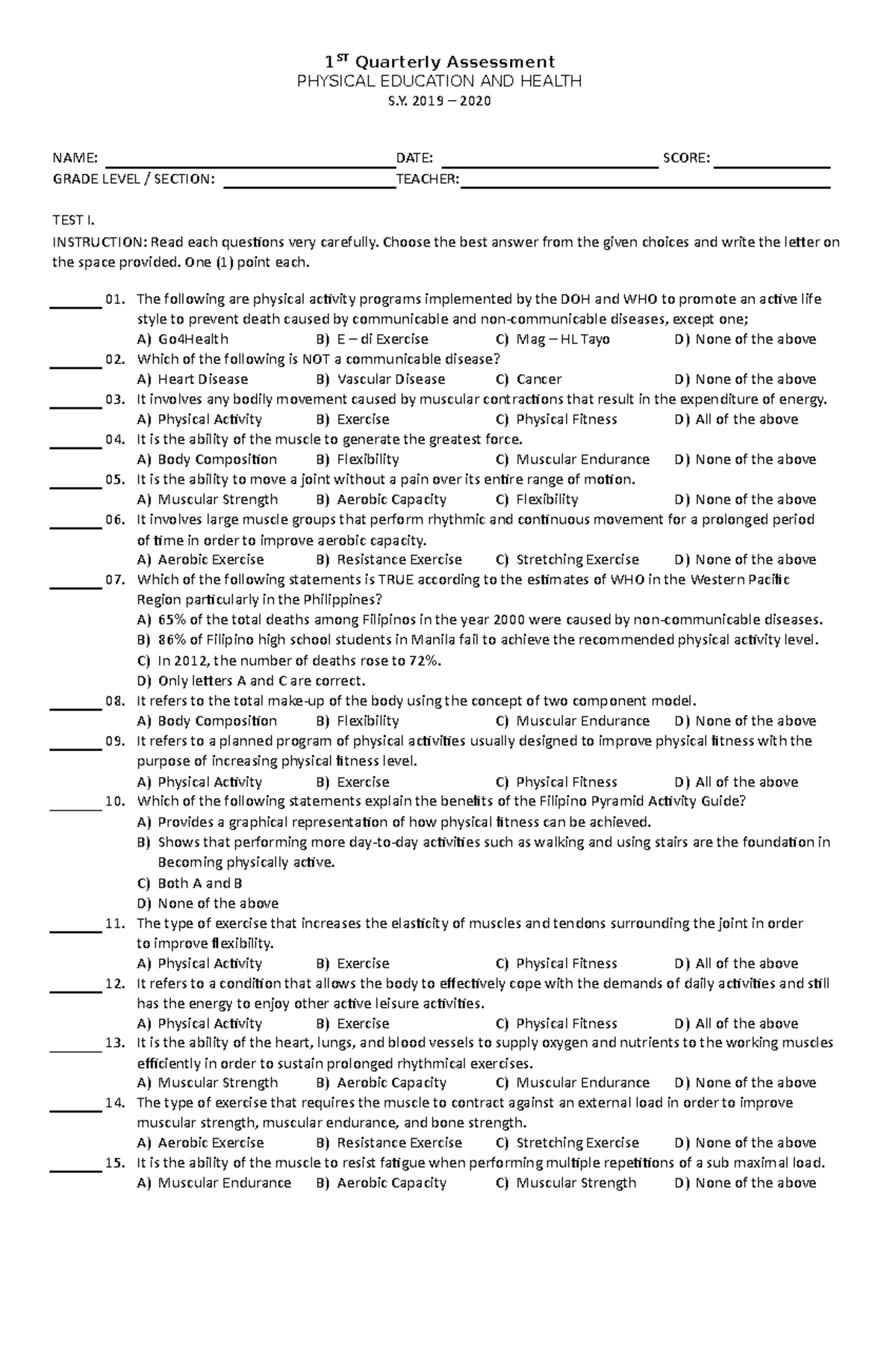 Physical education and Health 1 ST Quarterly Assessment PHYSICAL