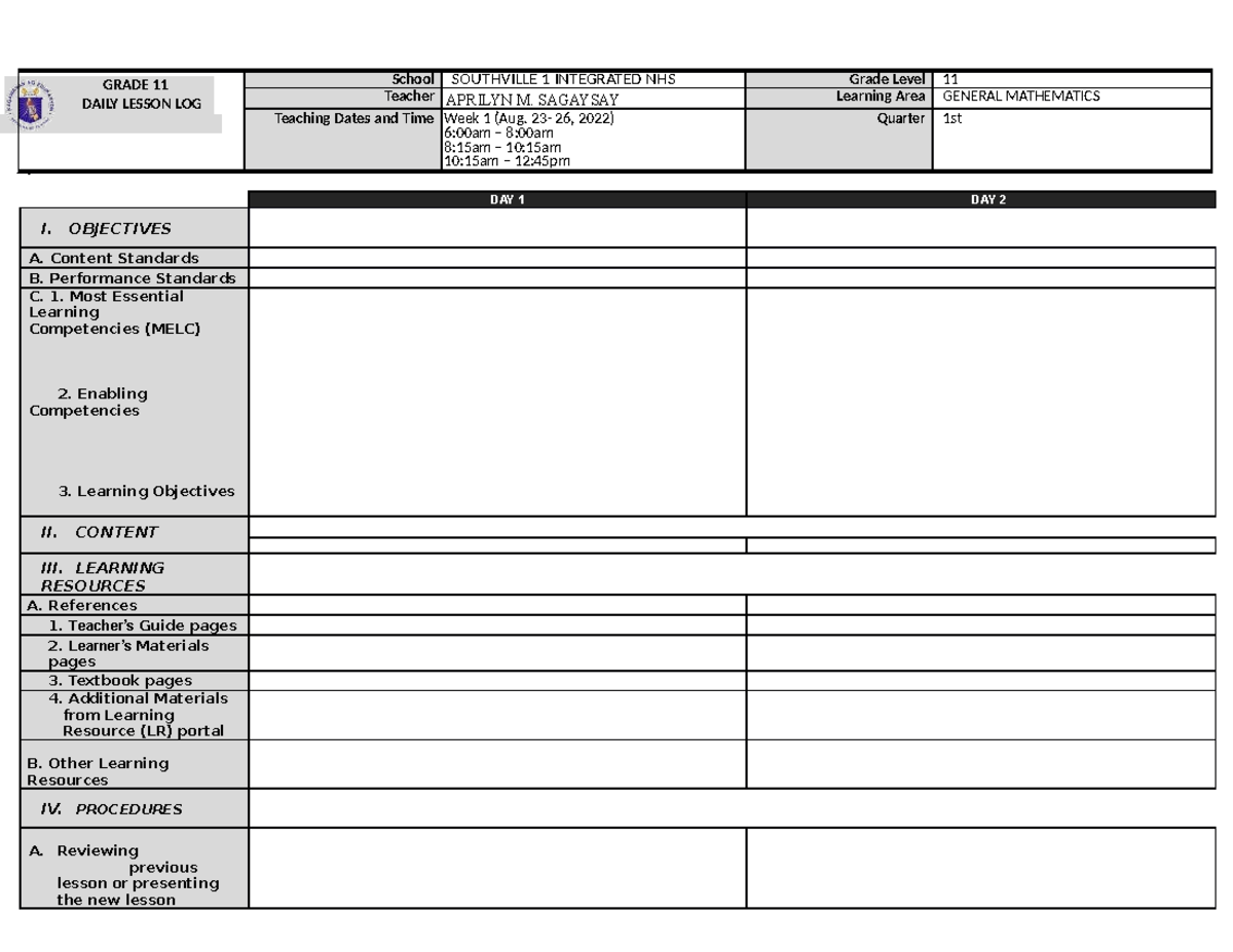 Dll-gen-math - this is very informative - GRADE 11 DAILY LESSON LOG ...