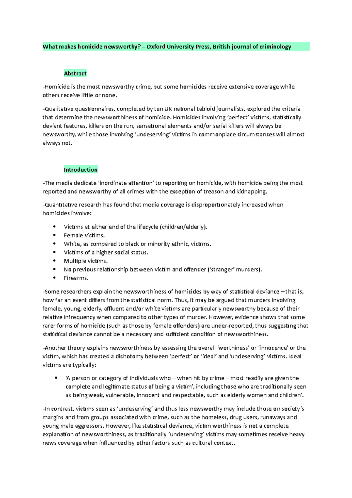 What makes homicide newsworthy Summary notes What makes homicide