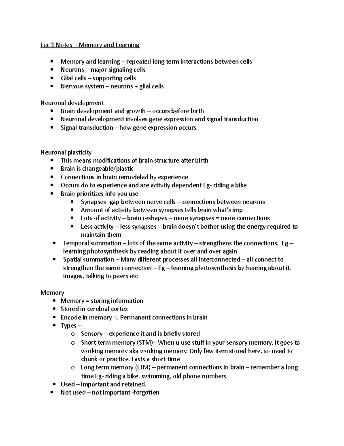 Lec 1 Notes - Daniel Merchant - Lec 1 Notes - Memory and Learning ...