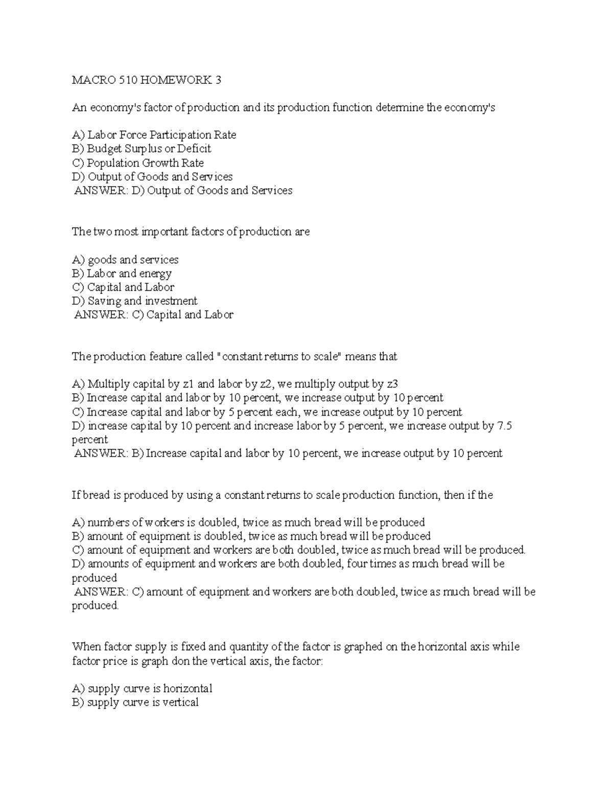 Macro 510 Homework 3 - MACRO 510 HOMEWORK 3 An economy's factor of ...