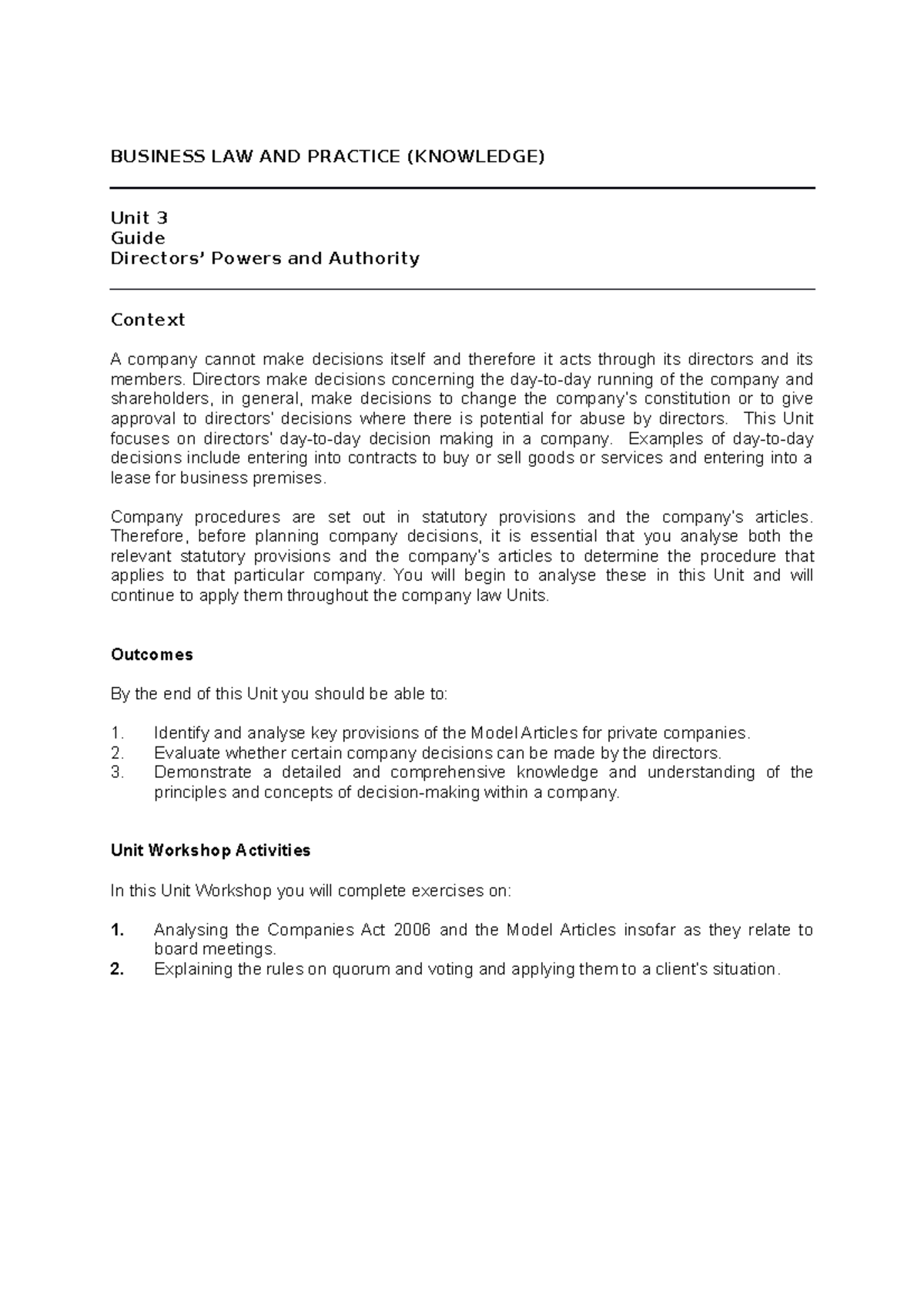 Wk 3 guide - workshop notes - BUSINESS LAW AND PRACTICE (KNOWLEDGE ...