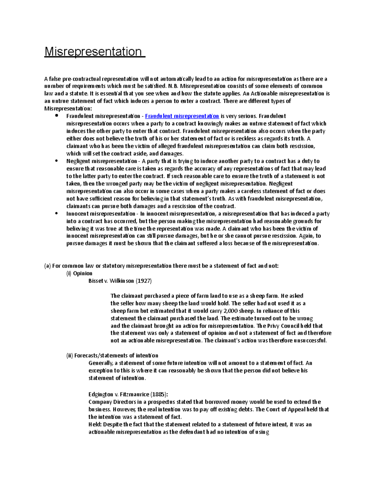 10 - Contract Law, Misrepresentation - Misrepresentation A false pre ...