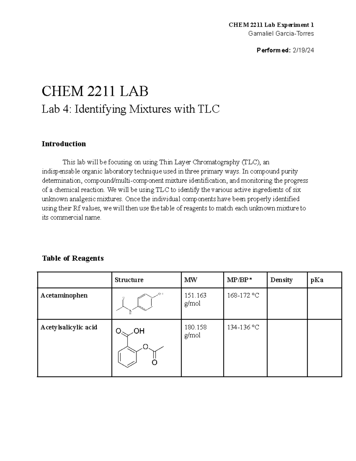 CHEM 2211 LAB 4 - Gamaliel Garcia-Torres Performed: 2/19/ CHEM 2211 LAB ...