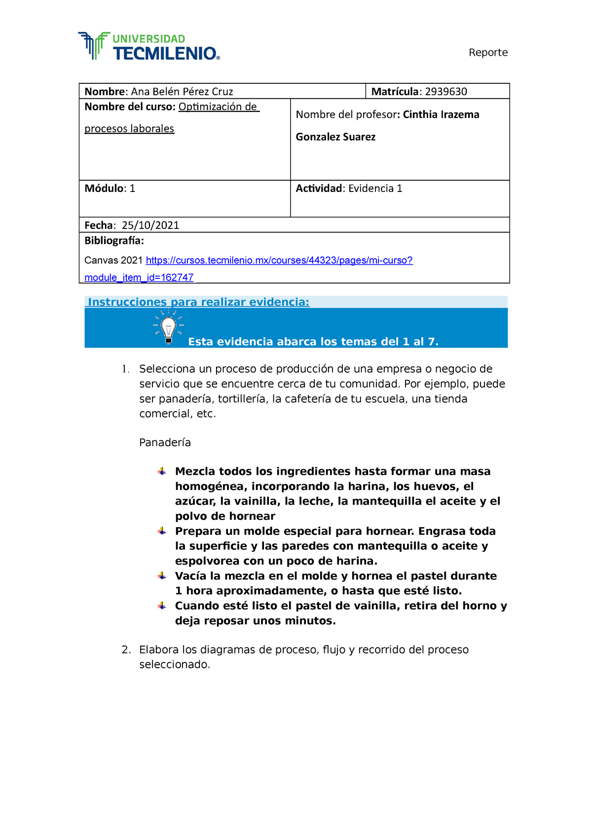 Evidencia 1 Optimización de procesos laborales - Nombre : Ana Belén Pérez  Cruz Matrícula : 2939630 - Studocu