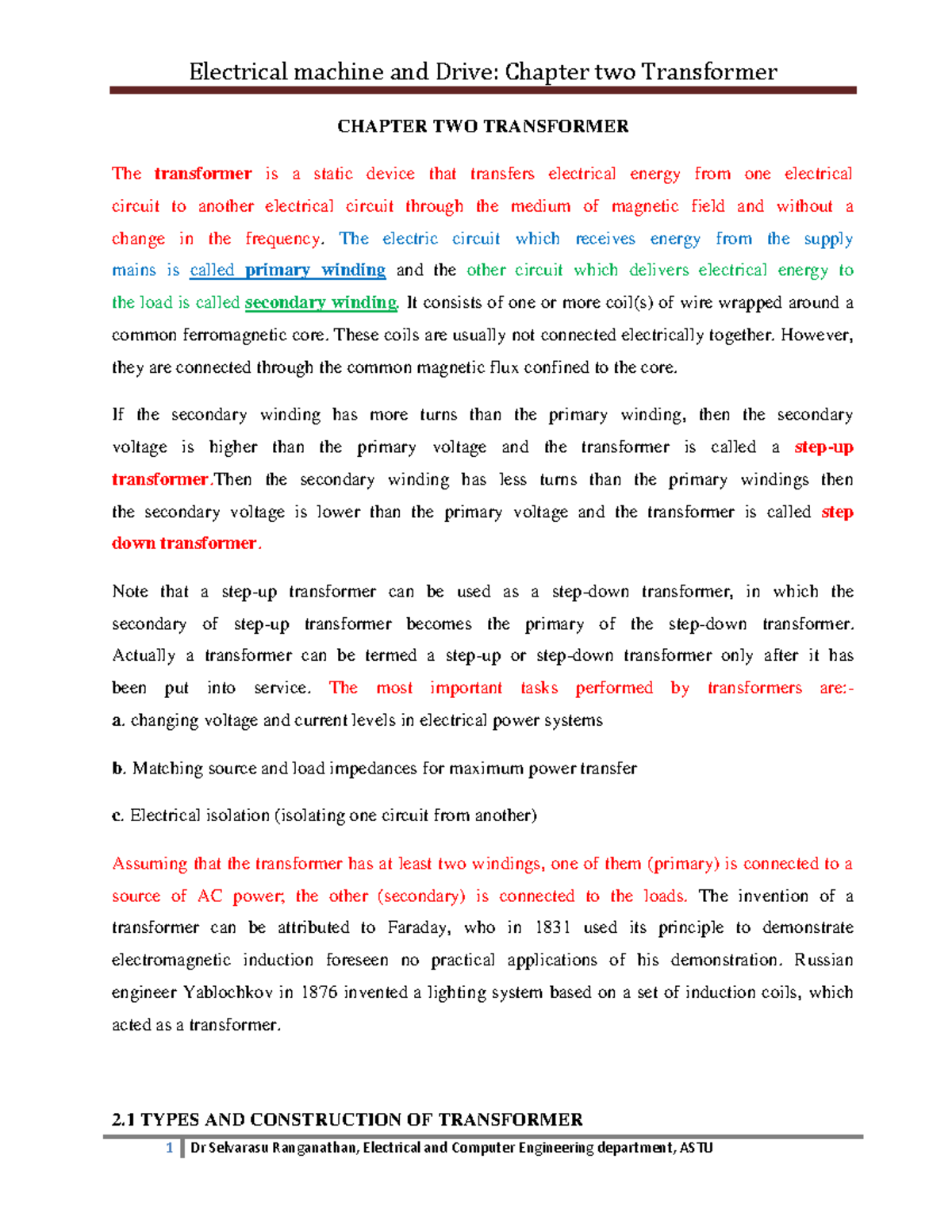 Chap 2.pdf clour - ece - CHAPTER TWO TRANSFORMER The transformer is a ...