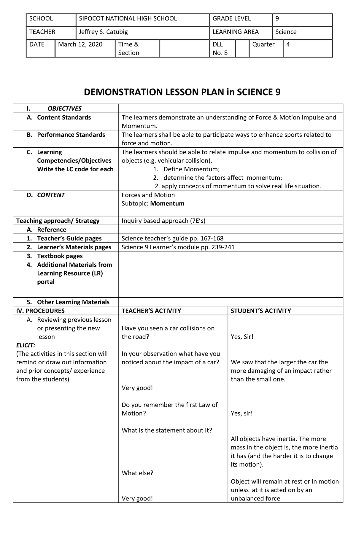 Forces And Motion - School Sipocot National High School Grade Level 9 