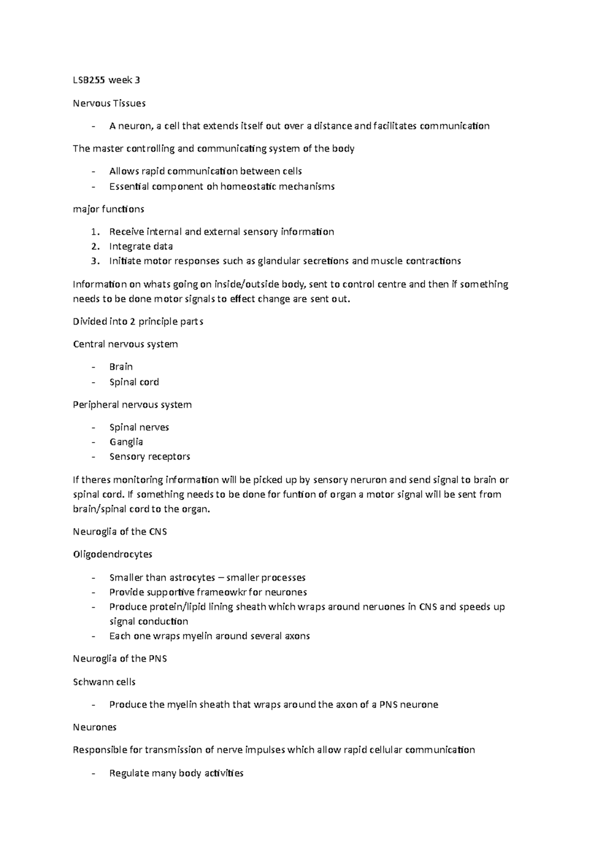 3 - Lecture notes 3 - LSB255 week 3 Nervous Tissues - A neuron, a cell ...