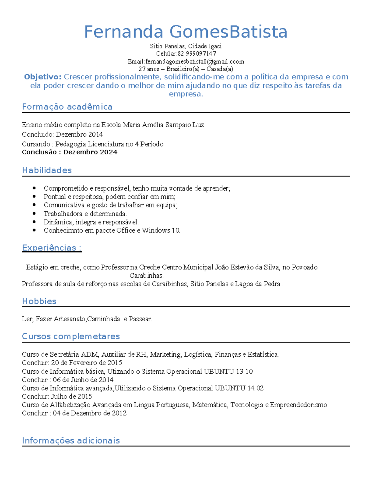 Modelo de curriculo para primeiro emprego jovem aprendiz - Fernanda ...