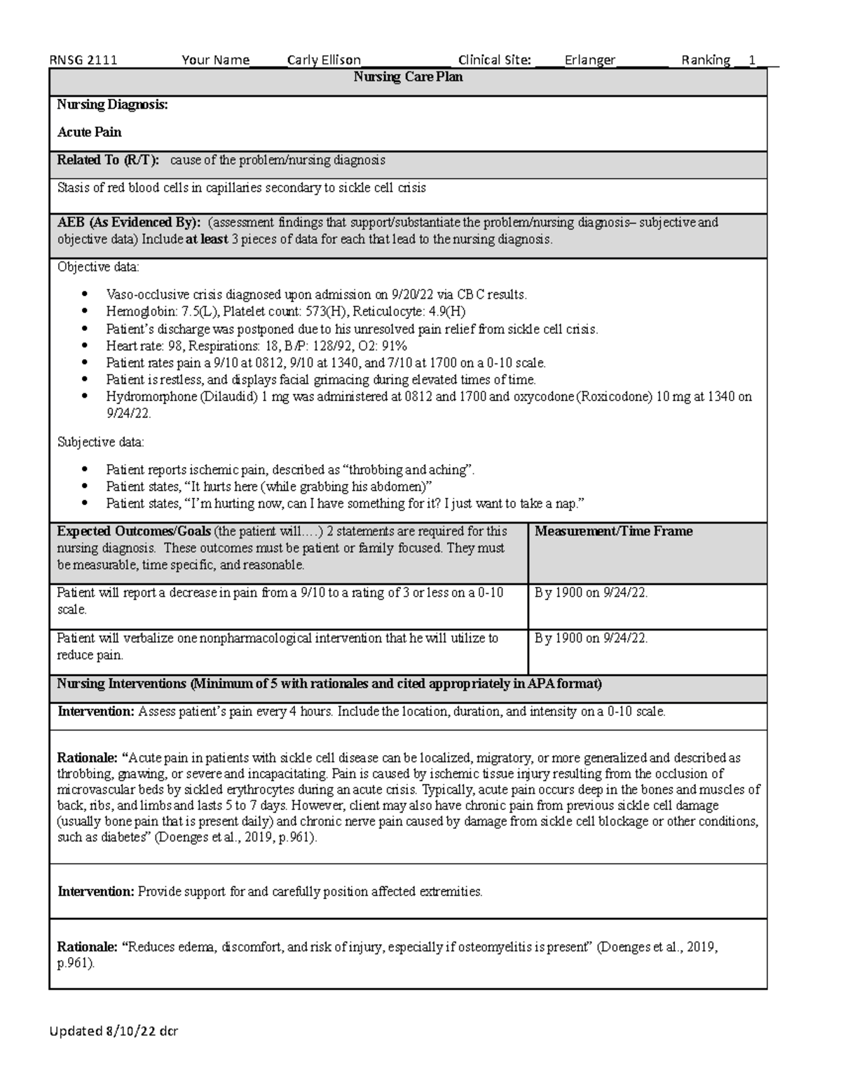 Acute Pain - CARE PLAN - RNSG 2111 Your Name_____Carly Ellison ...