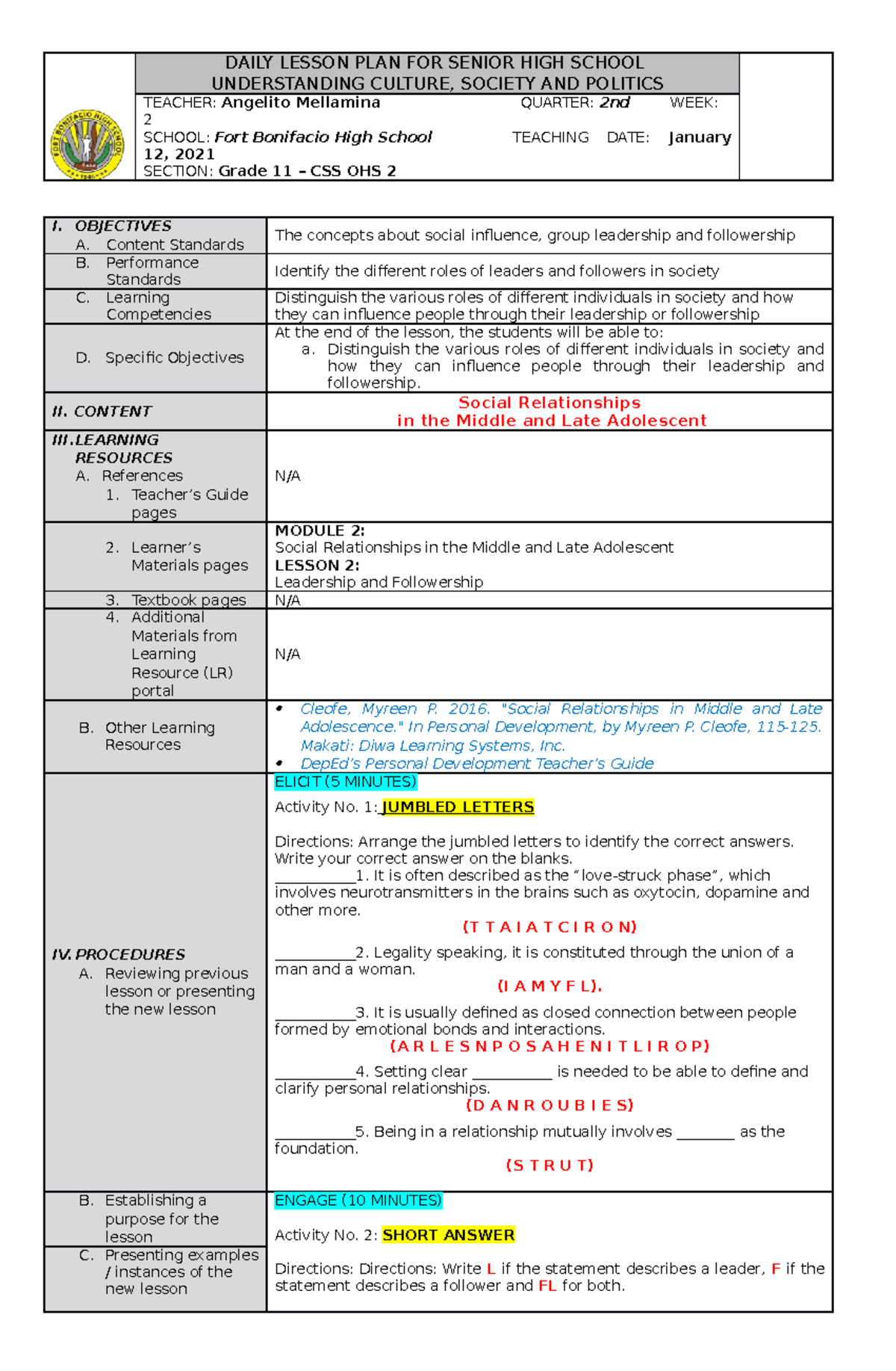 DAILY LESSON PLAN - OBJECTIVES A. Content Standards The concepts about ...