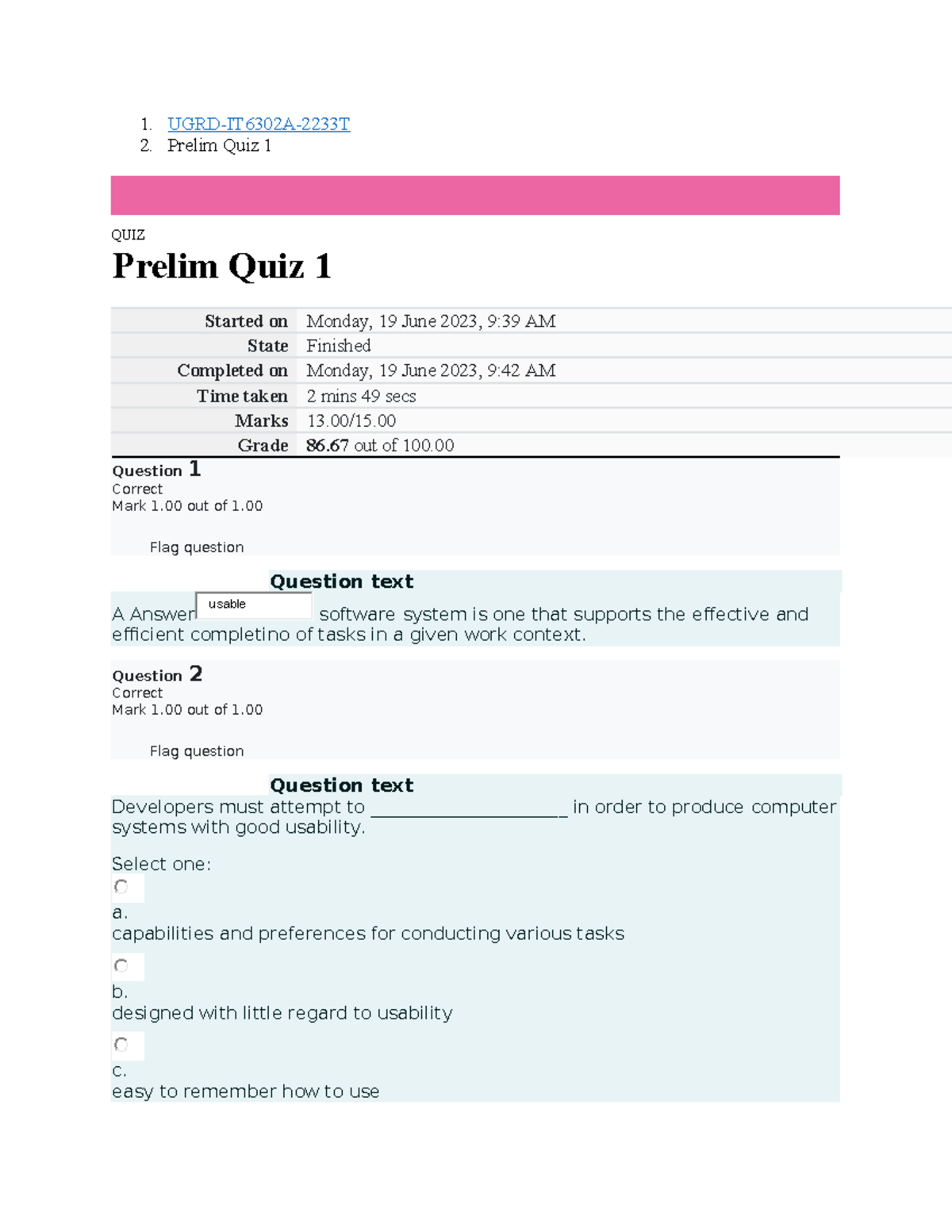 Human Comp Int Quiz 1 - Quiz - 1. UGRD-IT6302A-2233T 2. Prelim Quiz 1 ...