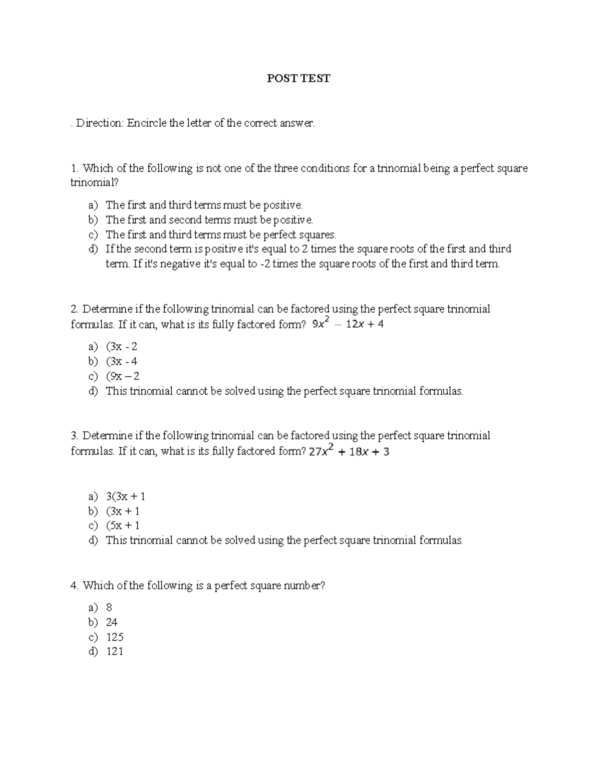 Post test - notes - POST TEST . Direction: Encircle the letter of the ...