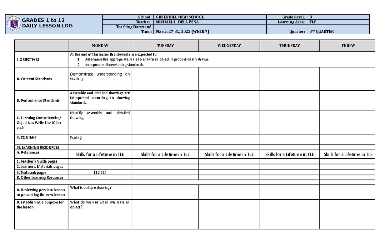 DLL TLE8 Q3 w7 - tle - GRADES 1 to 12 DAILY LESSON LOG School ...