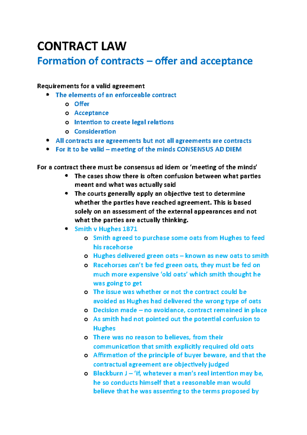 Contract LAW Notes - CONTRACT LAW Formation of contracts – offer and ...
